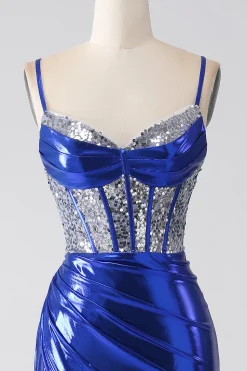 Sereia azul real brilhante lantejoulas plissado espartilho vestido de baile com fenda