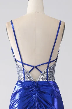 Sereia azul real brilhante lantejoulas plissado espartilho vestido de baile com fenda