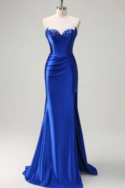 Sereia Azul Real Espartilho Sem Alças Vestido de Baile de Lantejoulas Ruched Long Prom com Fenda