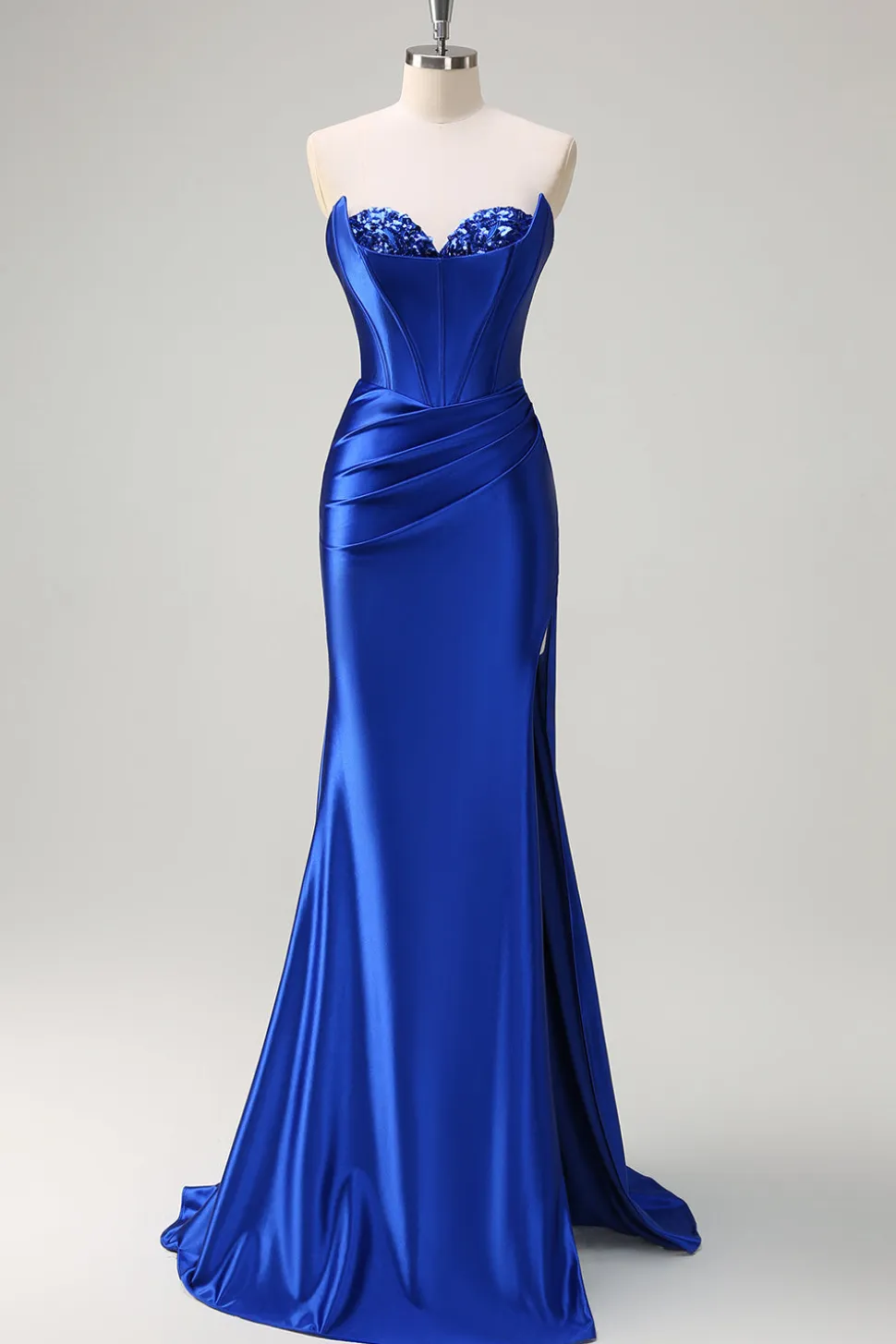 Sereia Azul Real Espartilho Sem Alças Vestido de Baile de Lantejoulas Ruched Long Prom com Fenda
