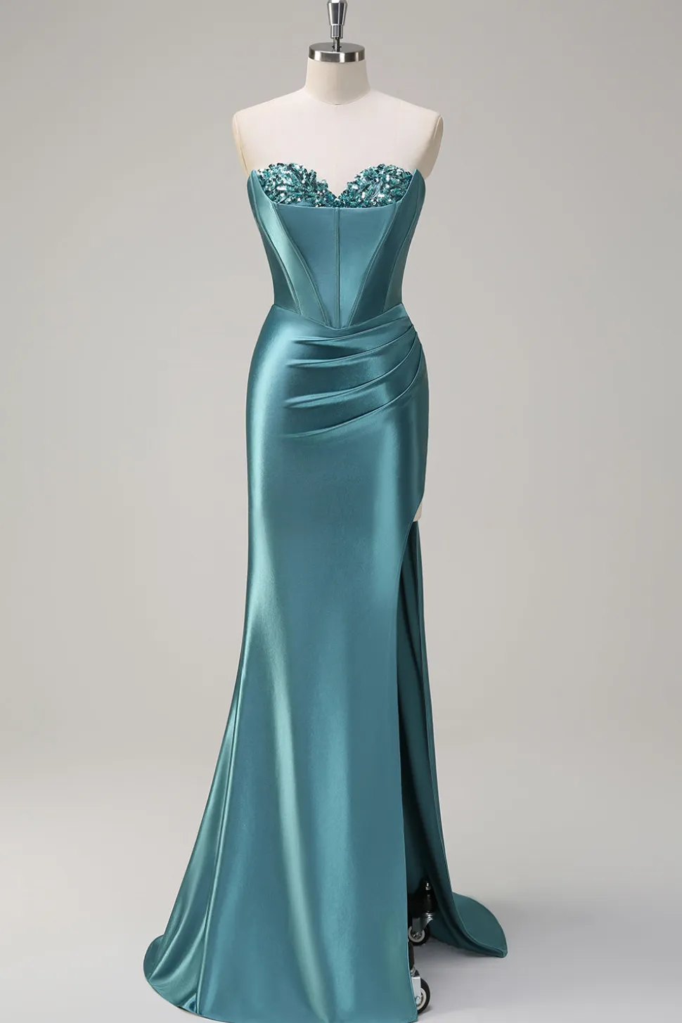 Sereia Azul Real Espartilho Sem Alças Vestido de Baile de Lantejoulas Ruched Long Prom com Fenda