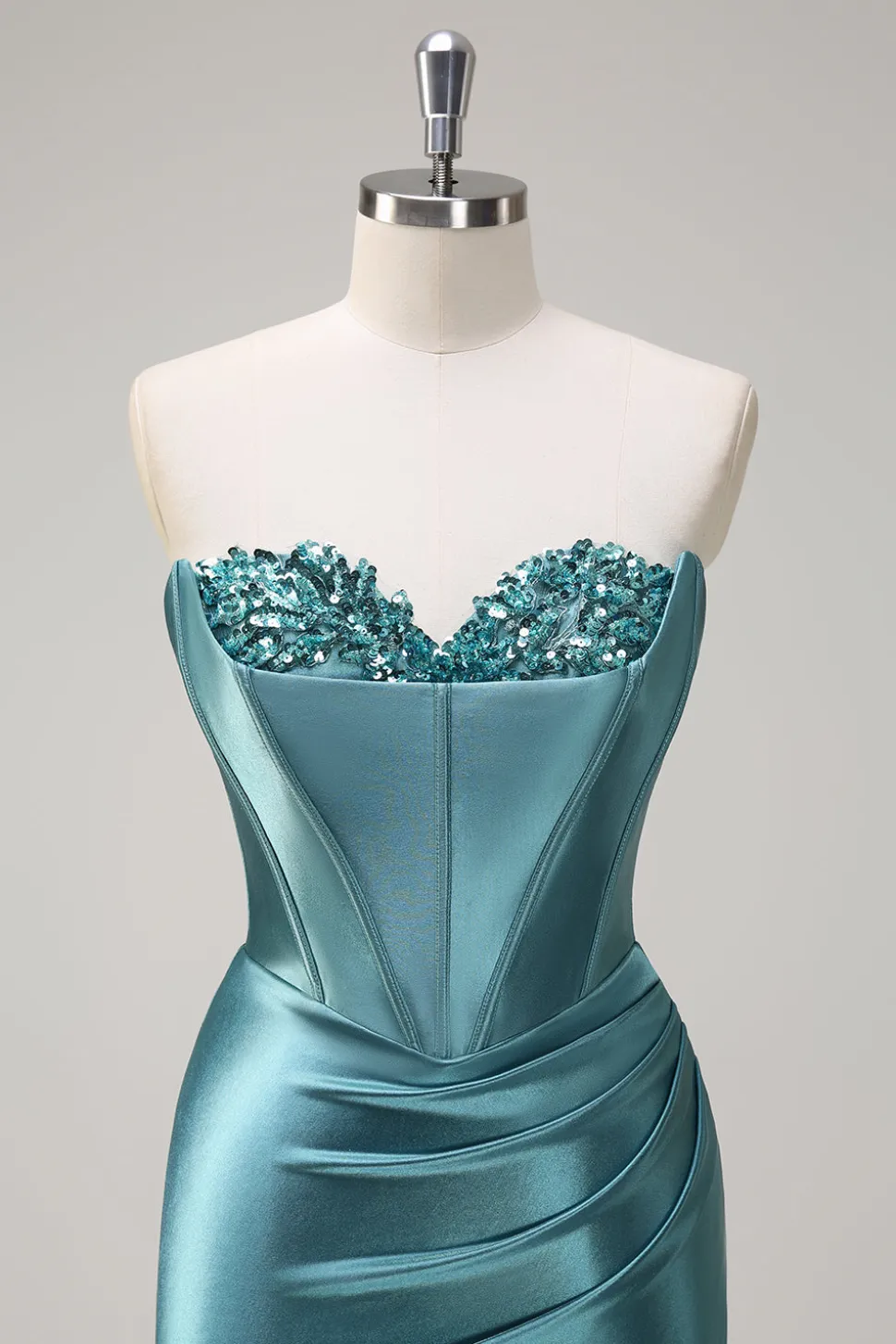Sereia Azul Real Espartilho Sem Alças Vestido de Baile de Lantejoulas Ruched Long Prom com Fenda