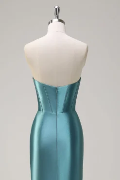 Sereia Azul Real Espartilho Sem Alças Vestido de Baile de Lantejoulas Ruched Long Prom com Fenda
