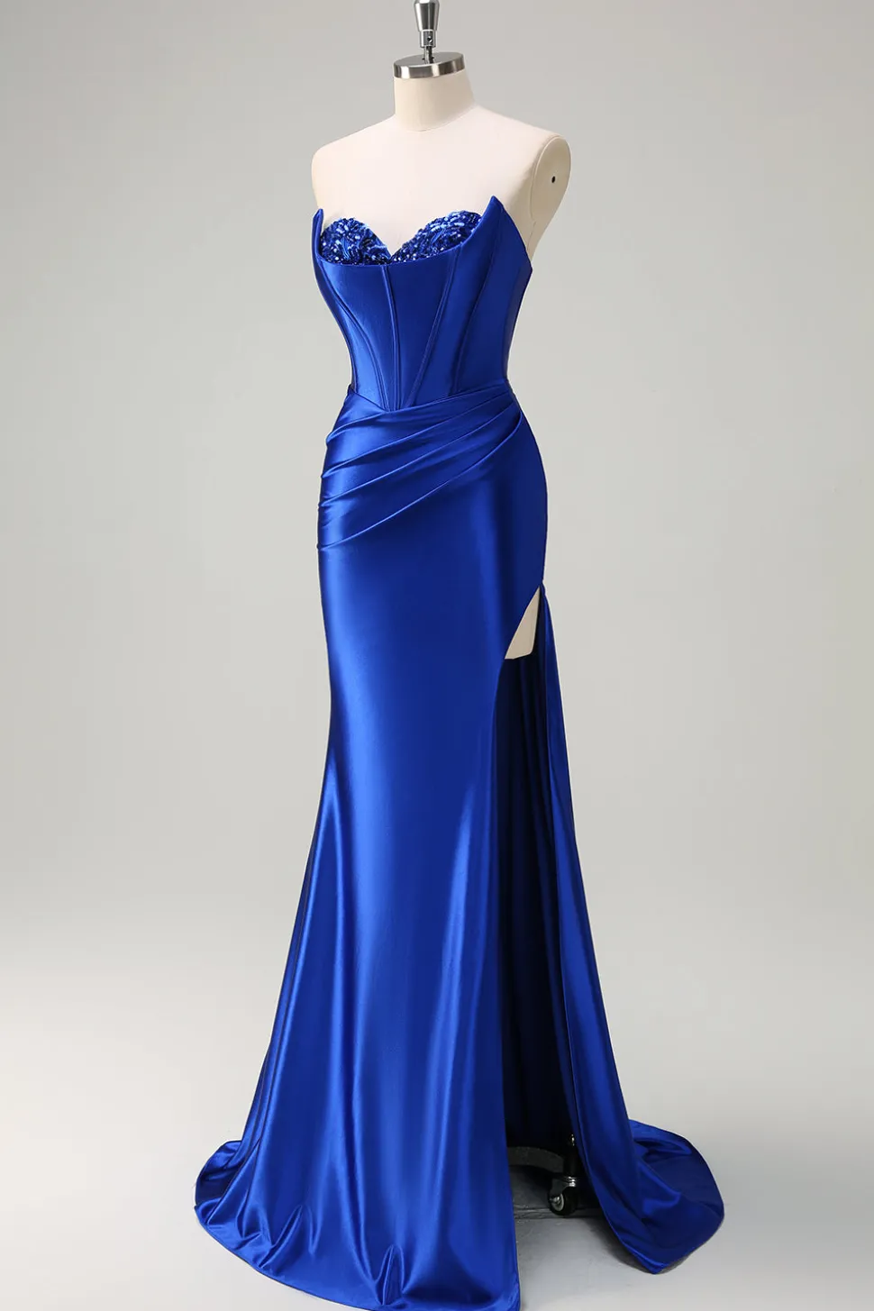 Sereia Azul Real Espartilho Sem Alças Vestido de Baile de Lantejoulas Ruched Long Prom com Fenda
