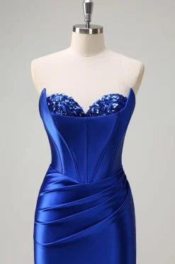 Sereia Azul Real Espartilho Sem Alças Vestido de Baile de Lantejoulas Ruched Long Prom com Fenda