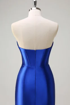 Sereia Azul Real Espartilho Sem Alças Vestido de Baile de Lantejoulas Ruched Long Prom com Fenda