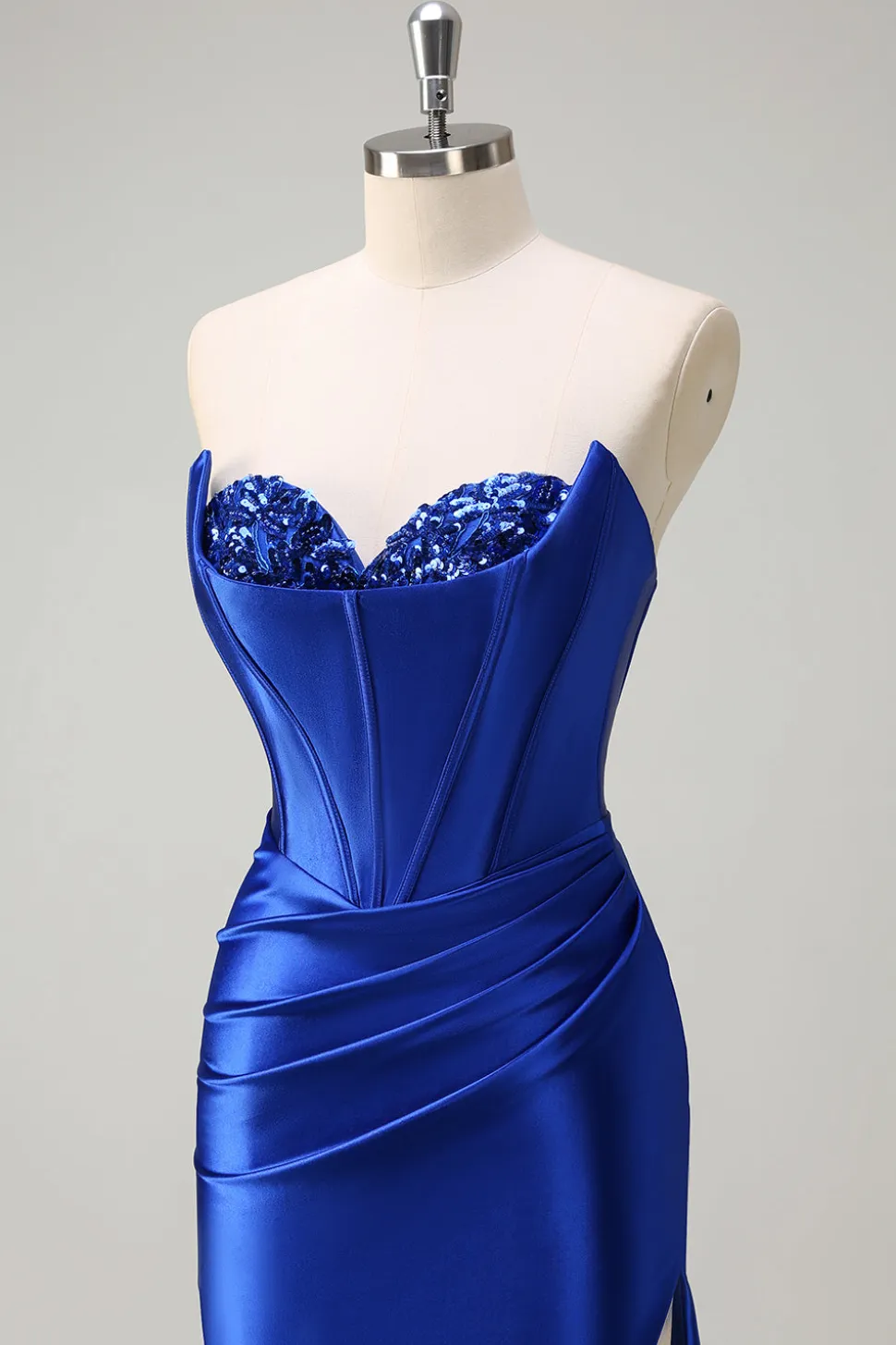 Sereia Azul Real Espartilho Sem Alças Vestido de Baile de Lantejoulas Ruched Long Prom com Fenda