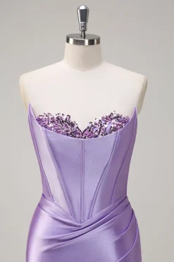 Sereia Azul Real Espartilho Sem Alças Vestido de Baile de Lantejoulas Ruched Long Prom com Fenda