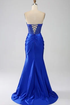 Sereia Azul Real Espartilho Sem Alças Vestido Longo Baile de Formatura com Missangas