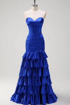Sereia Azul Real Espartilho sem alças vestido de baile de formatura em camadas