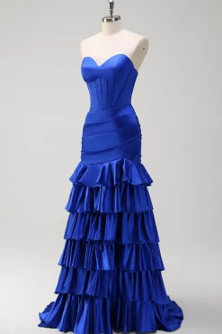 Sereia Azul Real Espartilho sem alças vestido de baile de formatura em camadas