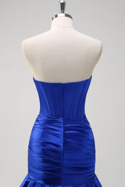 Sereia Azul Real Espartilho sem alças vestido de baile de formatura em camadas