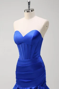 Sereia Azul Real Espartilho sem alças vestido de baile de formatura em camadas