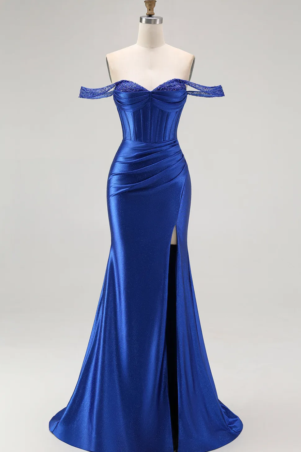 Sereia Azul Real Fora do Ombro Corset Vestido Longo Baile de Formatura com Missangas