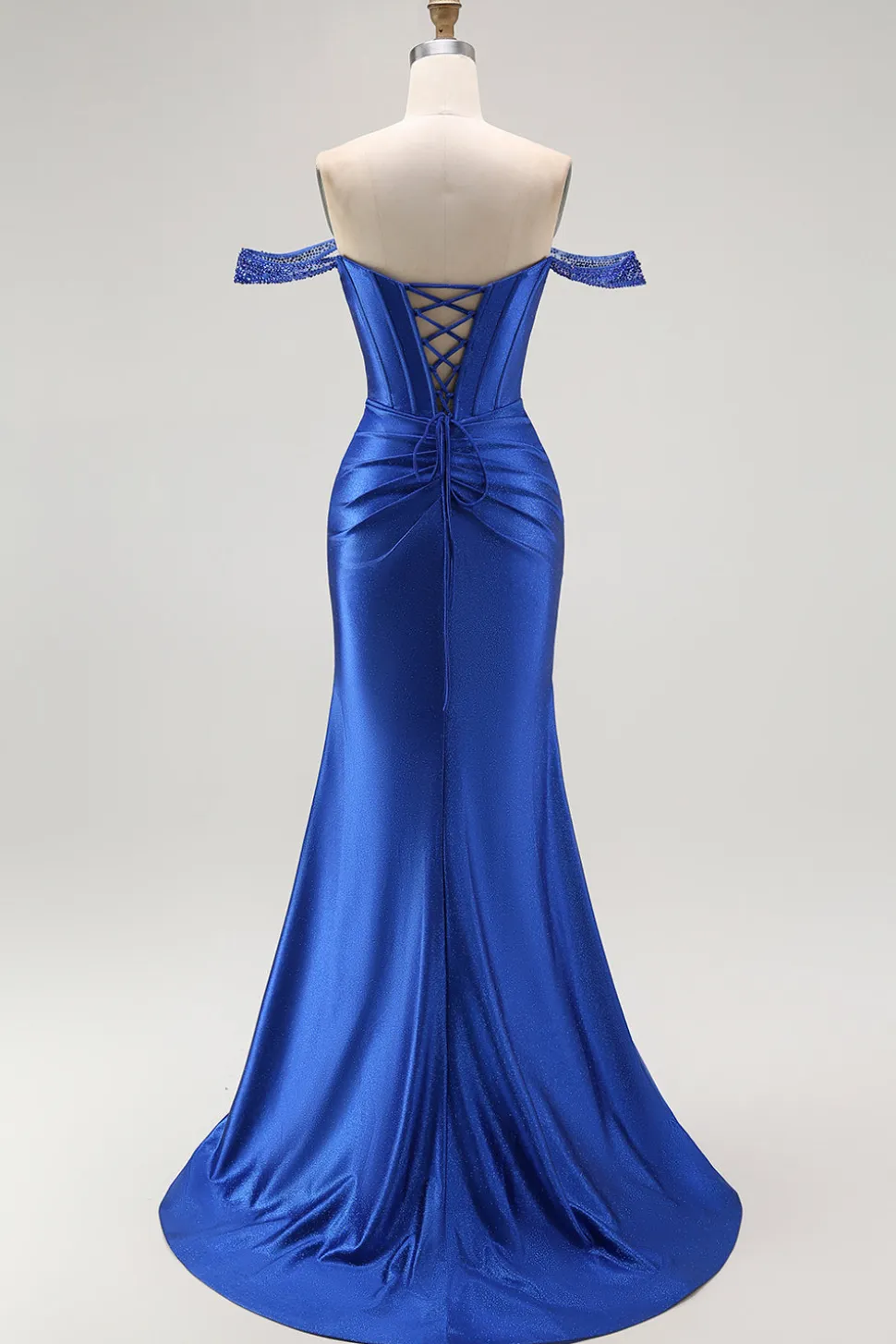 Sereia Azul Real Fora do Ombro Corset Vestido Longo Baile de Formatura com Missangas