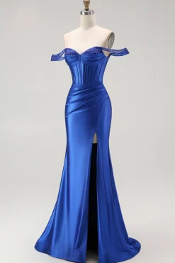 Sereia Azul Real Fora do Ombro Corset Vestido Longo Baile de Formatura com Missangas