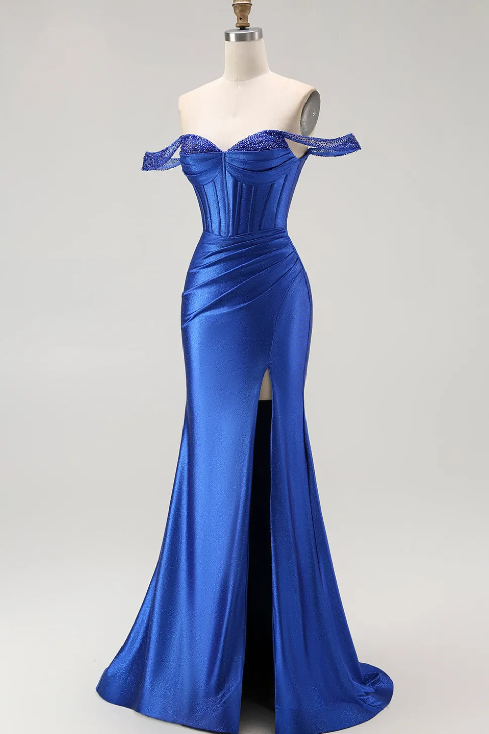 Sereia Azul Real Fora do Ombro Corset Vestido Longo Baile de Formatura com Missangas