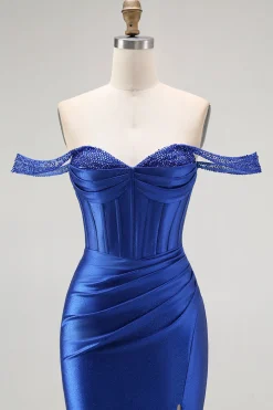 Sereia Azul Real Fora do Ombro Corset Vestido Longo Baile de Formatura com Missangas