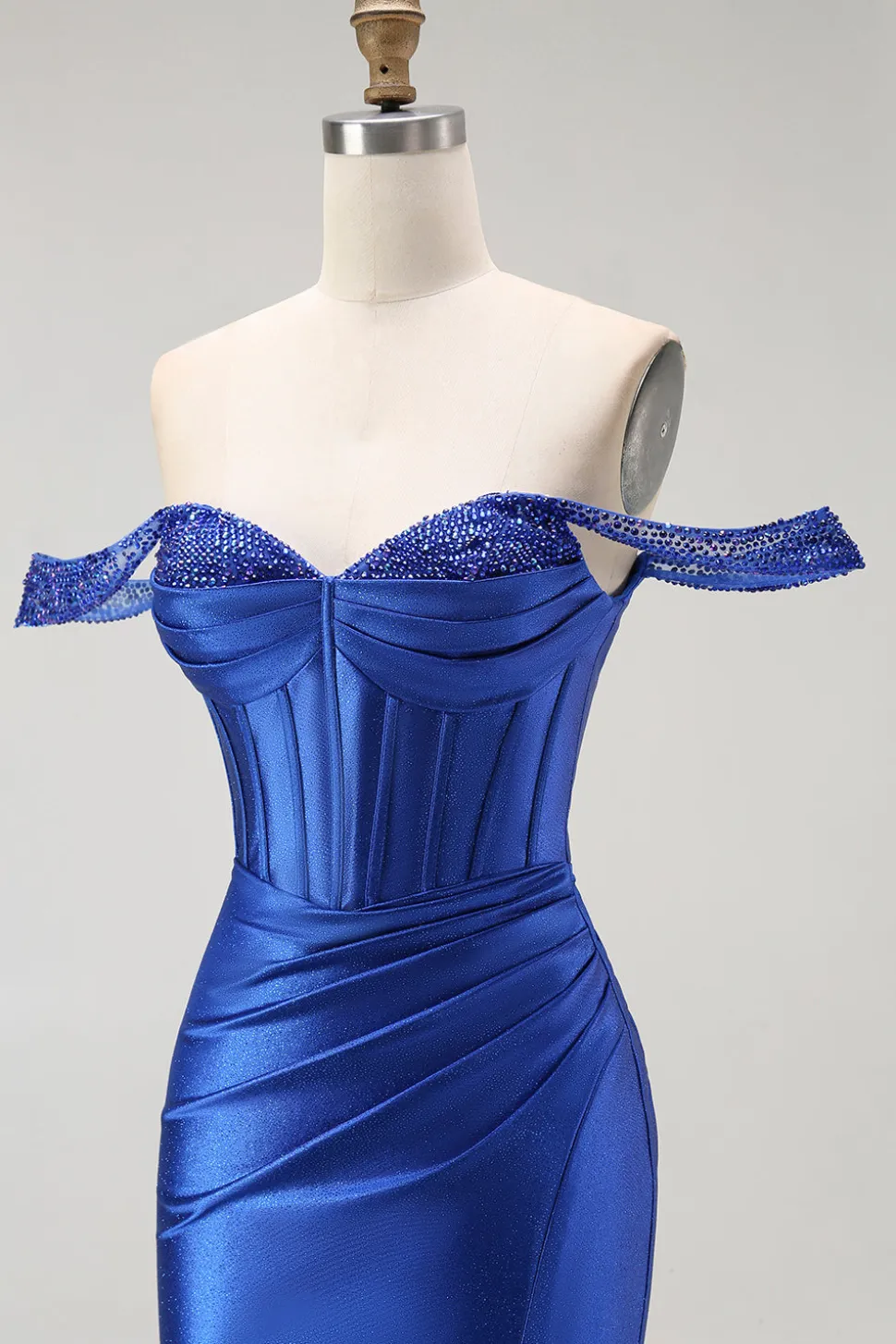 Sereia Azul Real Fora do Ombro Corset Vestido Longo Baile de Formatura com Missangas