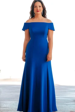 Sereia Azul Real Fora do Ombro Cetim Longo Vestido Mae Noiva