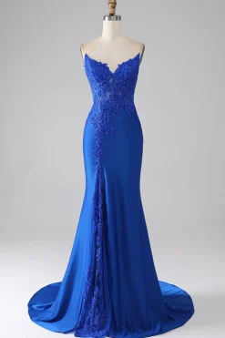Sereia azul real sem alças longo frisado vestido de baile com apliques