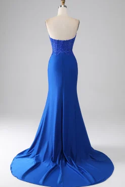 Sereia azul real sem alças longo frisado vestido de baile com apliques