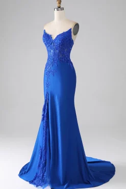 Sereia azul real sem alças longo frisado vestido de baile com apliques