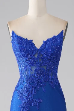 Sereia azul real sem alças longo frisado vestido de baile com apliques