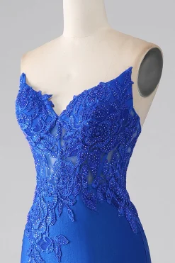 Sereia azul real sem alças longo frisado vestido de baile com apliques