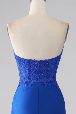 Sereia azul real sem alças longo frisado vestido de baile com apliques