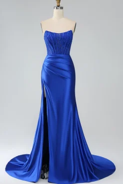 Sereia Azul Real Strapless Long Corset Prom Dress com Fenda