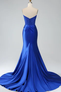 Sereia Azul Real Strapless Long Corset Prom Dress com Fenda