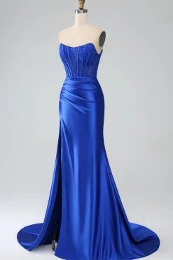 Sereia Azul Real Strapless Long Corset Prom Dress com Fenda