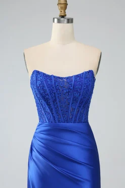 Sereia Azul Real Strapless Long Corset Prom Dress com Fenda