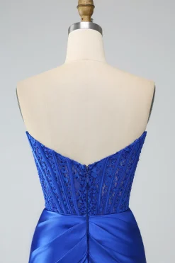 Sereia Azul Real Strapless Long Corset Prom Dress com Fenda