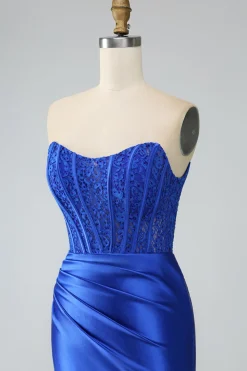 Sereia Azul Real Strapless Long Corset Prom Dress com Fenda