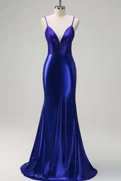 Sereia Azul Real V-Neck frisado Cetim Prom Vestido Com Costas Abertas