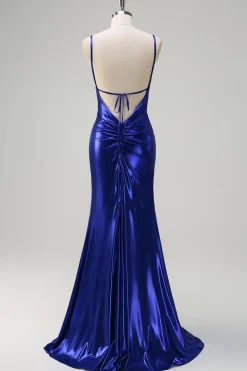 Sereia Azul Real V-Neck frisado Cetim Prom Vestido Com Costas Abertas