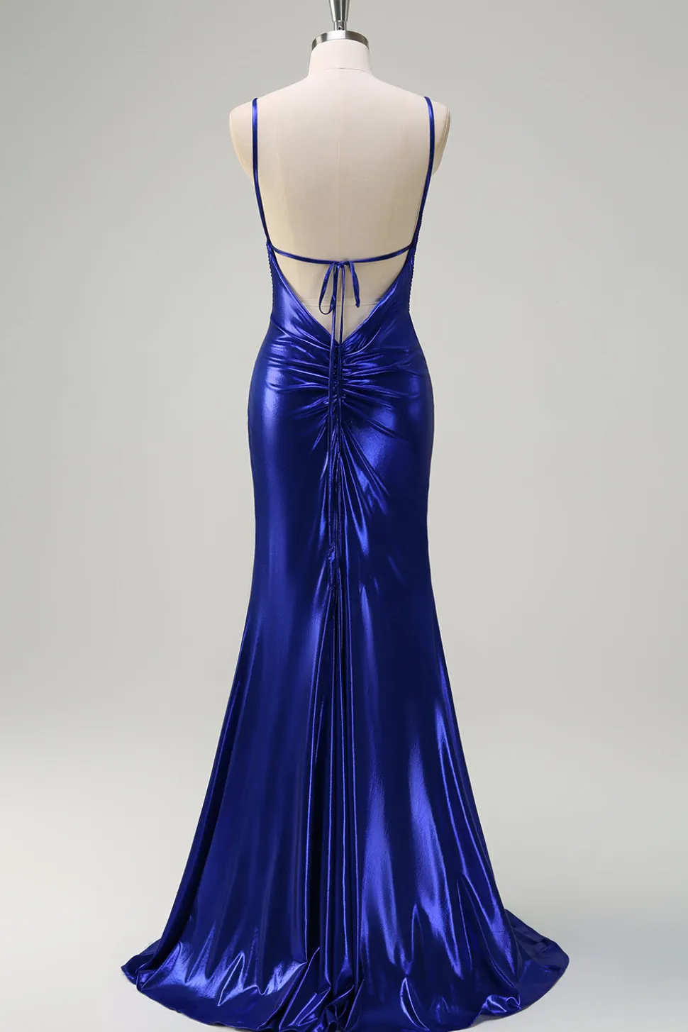 Sereia Azul Real V-Neck frisado Cetim Prom Vestido Com Costas Abertas