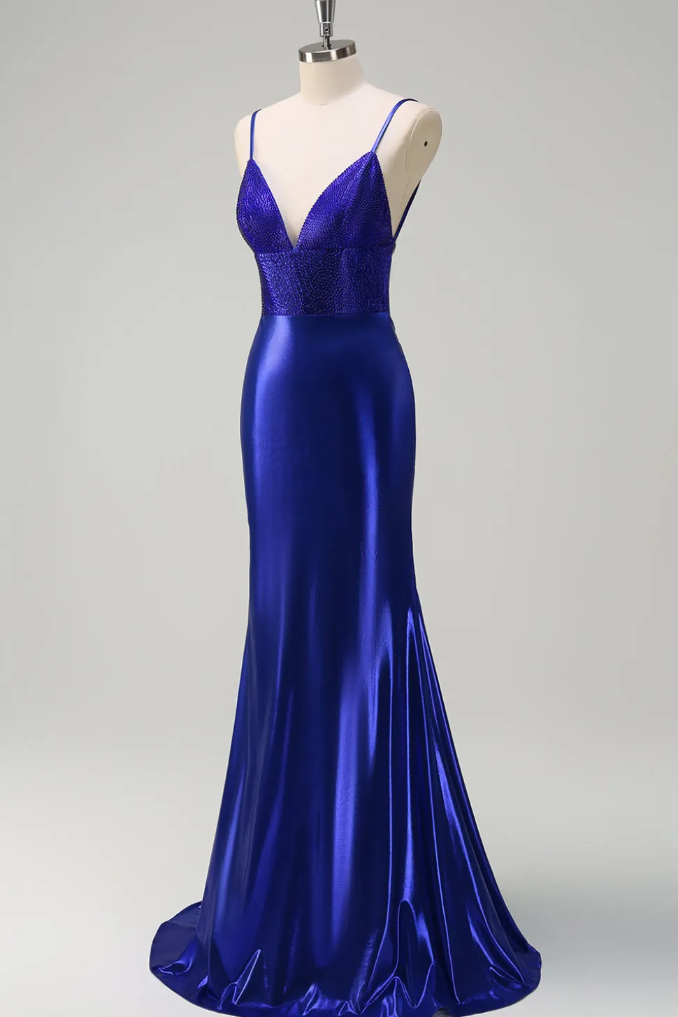Sereia Azul Real V-Neck frisado Cetim Prom Vestido Com Costas Abertas