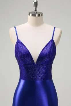 Sereia Azul Real V-Neck frisado Cetim Prom Vestido Com Costas Abertas