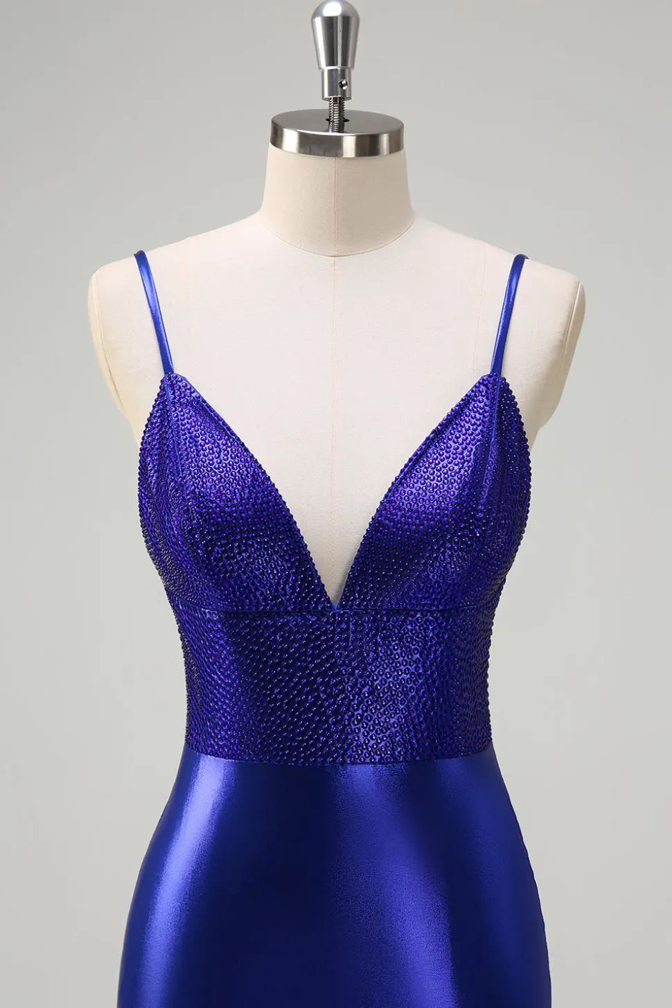 Sereia Azul Real V-Neck frisado Cetim Prom Vestido Com Costas Abertas