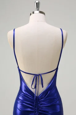 Sereia Azul Real V-Neck frisado Cetim Prom Vestido Com Costas Abertas