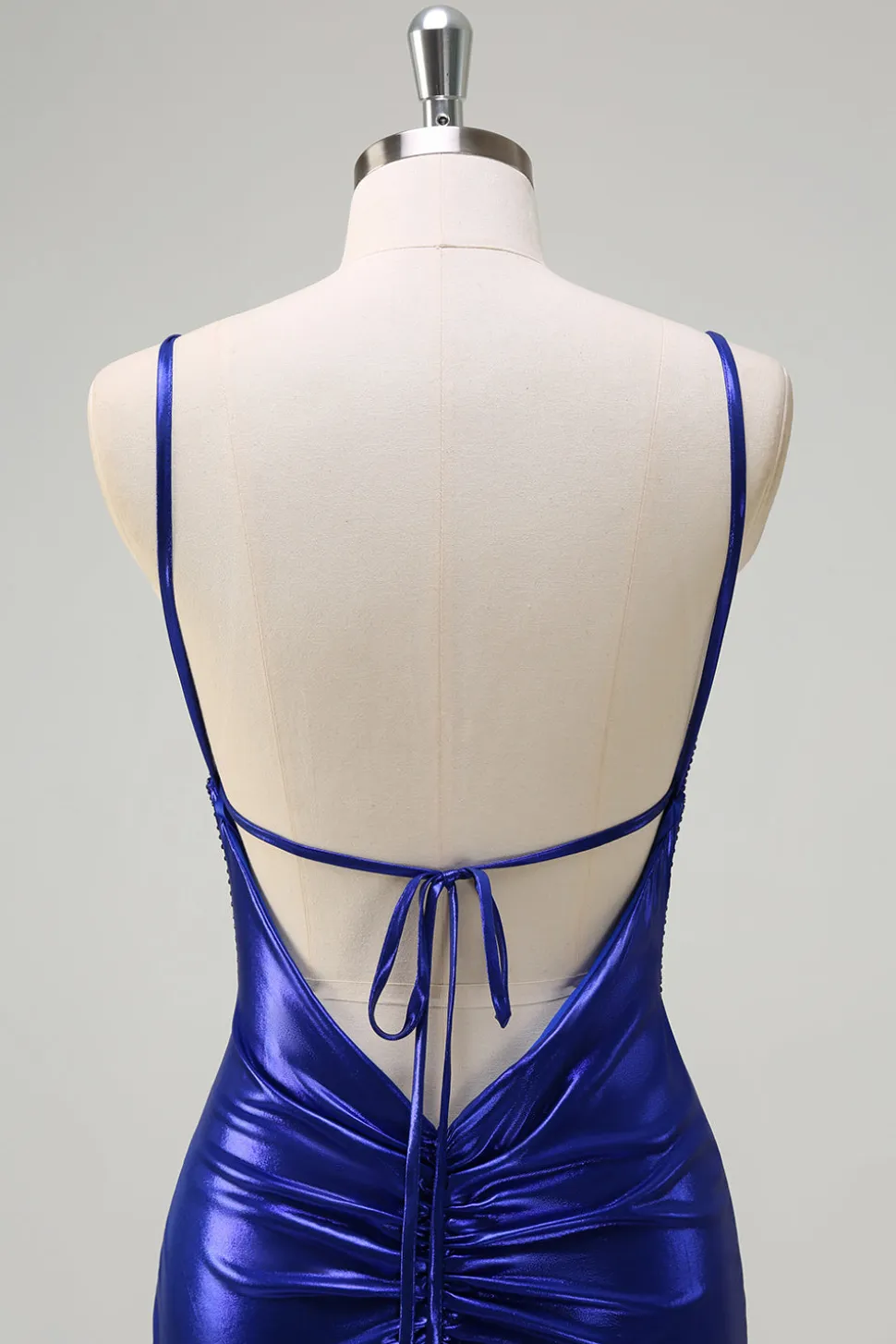 Sereia Azul Real V-Neck frisado Cetim Prom Vestido Com Costas Abertas