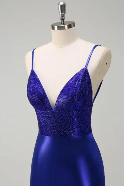 Sereia Azul Real V-Neck frisado Cetim Prom Vestido Com Costas Abertas