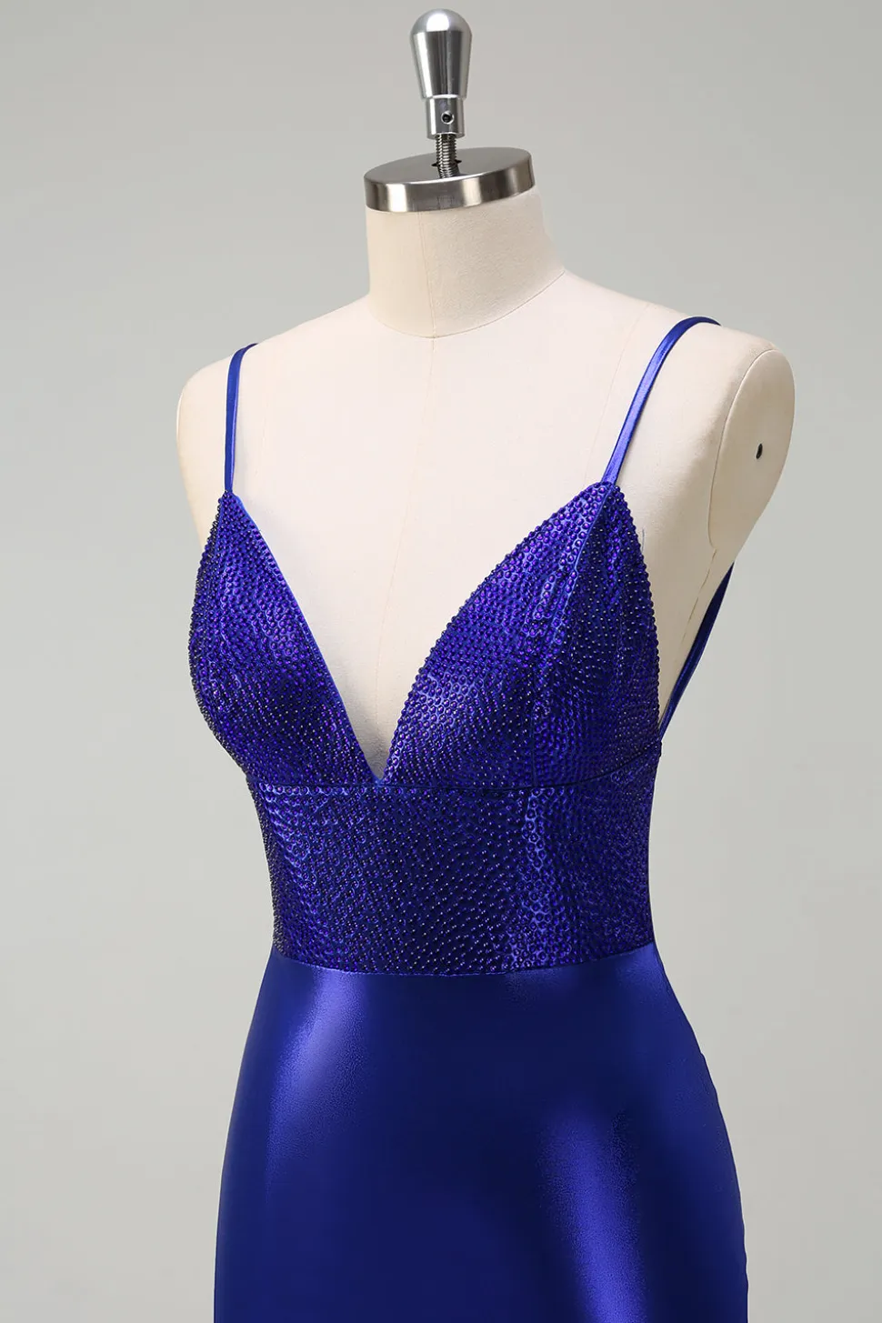 Sereia Azul Real V-Neck frisado Cetim Prom Vestido Com Costas Abertas