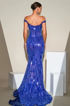 Sereia Azul Sequins brilhantes fora do ombro vestido de baile com fenda