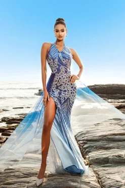 Sereia Azul Sereia Halter Vestido de Noite com Fenda