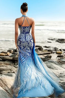 Sereia Azul Sereia Halter Vestido de Noite com Fenda