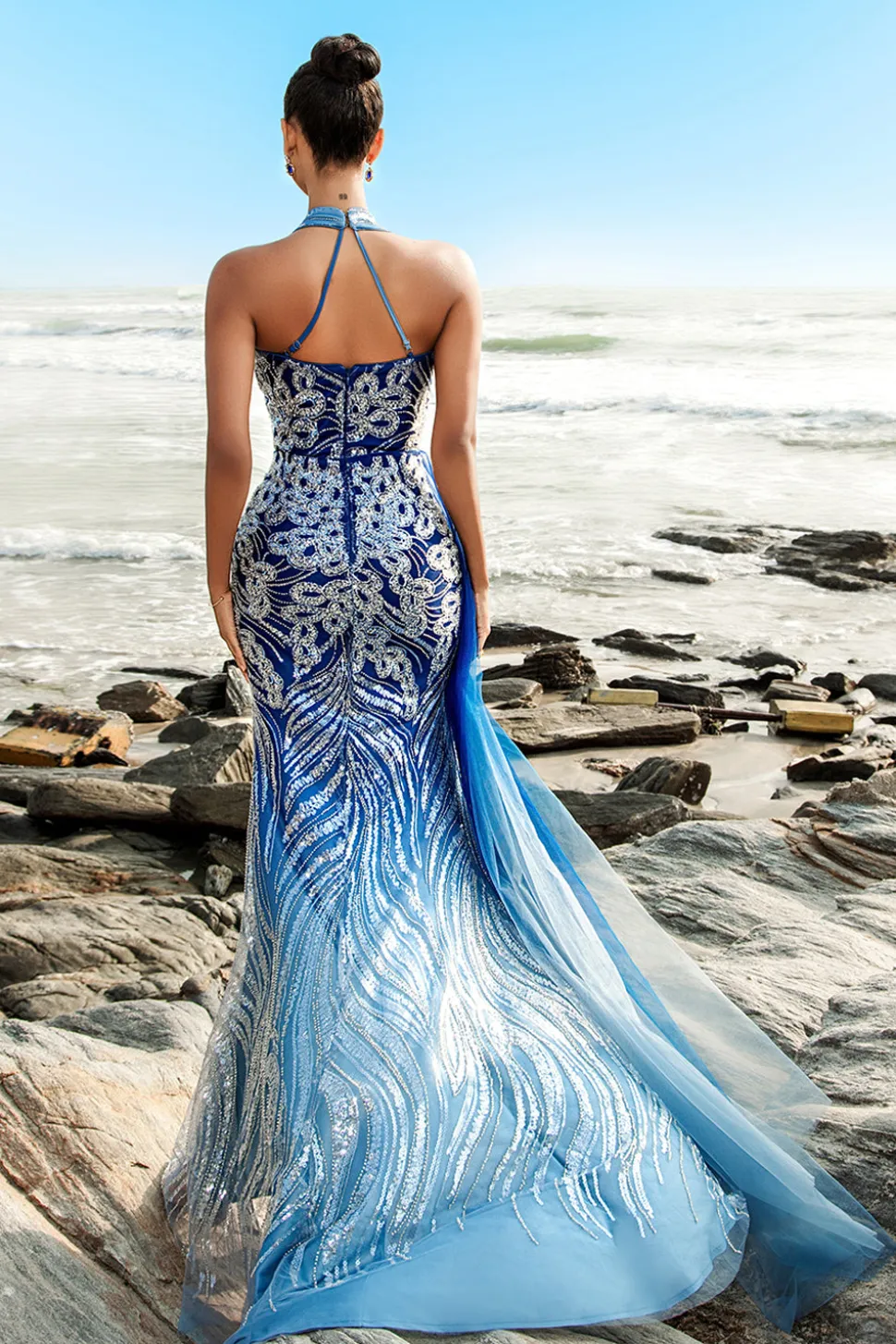 Sereia Azul Sereia Halter Vestido de Noite com Fenda
